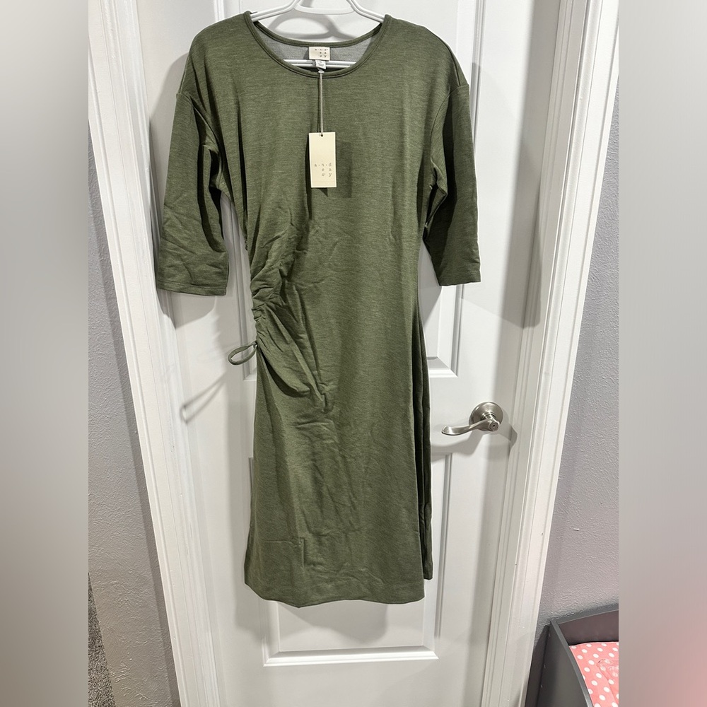 NWT A New Day Three Quarter Sleeve Olive Heather Ruched Tie Waist Dress - Picture 2 of 13